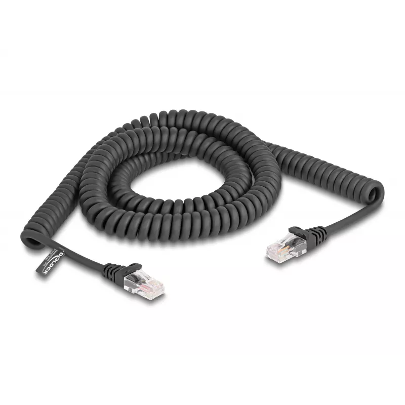 DeLOCK RJ45 špirálový kábel konektor samec na konektor samec Cat.5e 3 m čierny