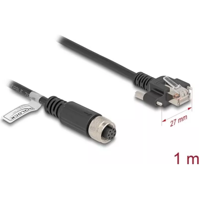 Sieťový kábel DeLOCK M12 kábel A-kódovaný 8-pinový samica na RJ45 samec Cat5e 1m čierny