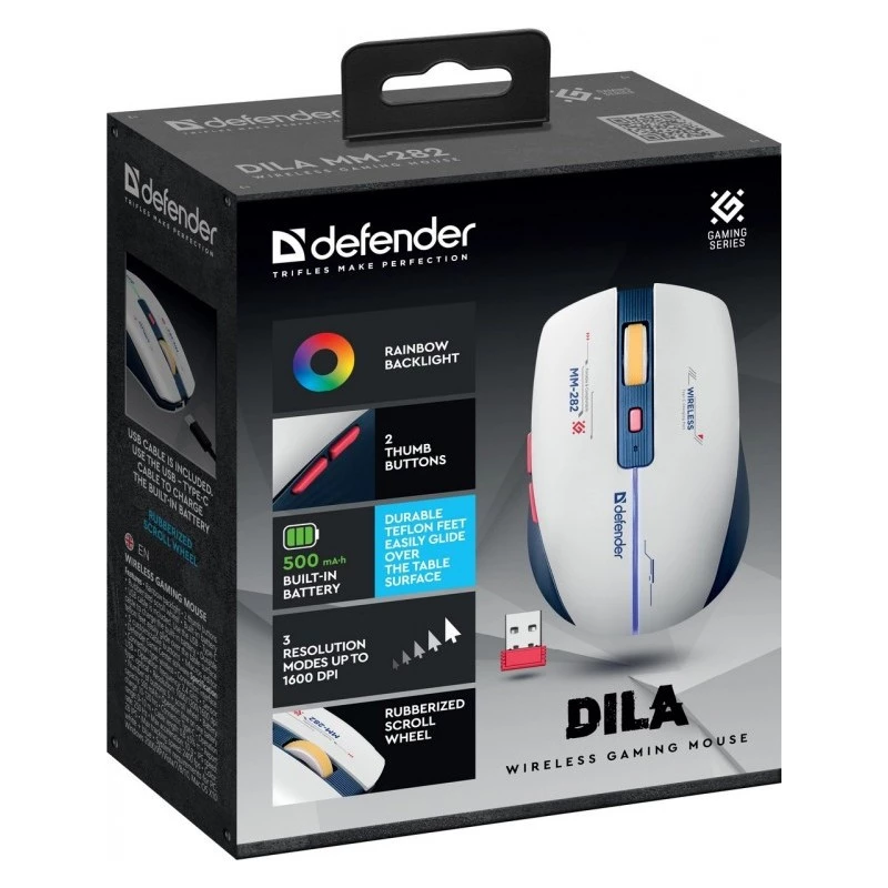 Bezdrôtová herná myš DEFENDER MM-282 RF — obojručná, optická 1800 DPI, 5 tlačidiel, USB, na batérie