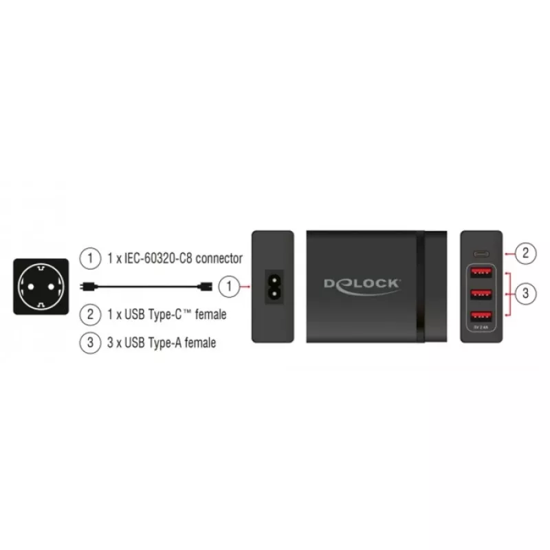 DeLOCK USB nástenná nabíjačka 63974 univerzálna čierna AC interiérová