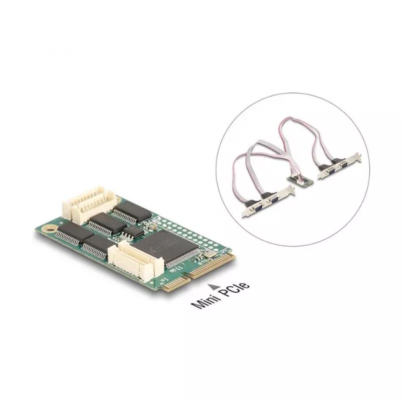Interná RS-232 rozhranová karta DELOCK 95278 — Mini PCI Express host, 4× RS-232 výstupy, FIFO 256 B, 30×51×10 mm