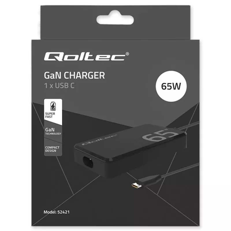 QOLTEC nabíjačka 65W GaN Super Fast štíhla PD 5-20V 3,25A USB-C