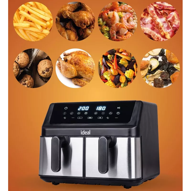 IDEAL fritéza bez tuku, dvojitá horizontálna 9L, 8 funkcií – vrátane sušenia potravín
