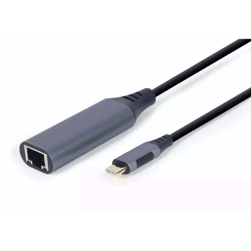 Sieťový adaptér Gembird A-USB3C-LAN-01 Type-C USB 3.2 Gen 1, Gigabit RJ-45, 0,15 m kábel, kovové puzdro, sivá/čierna