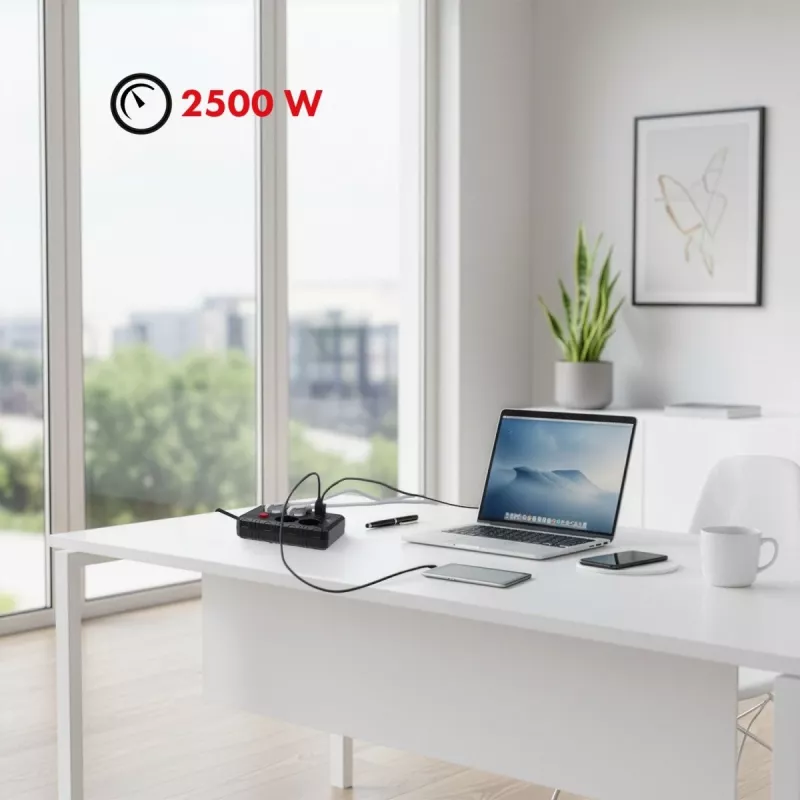 Predlžovacia zásuvka MACLEAN MCE393 B — 4 zásuvky, 3×USB, 110–240 V, 2500 W, 3 m kábel, čierna