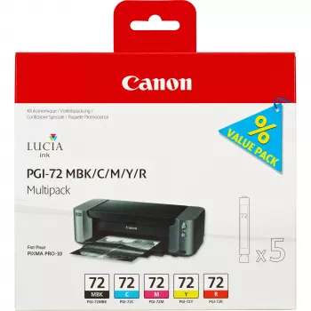 Canon PGI-72 MBK/C/M/Y/R 5 atramentových kaziet multipack, štandardná výťažnosť, azúrová, purpurová, matná čierna, červená, žltá, 5 ks, 1640 strán, 710 strán, multipack