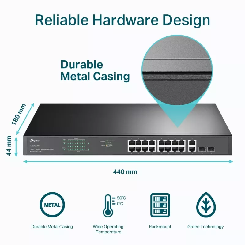 TP-Link 18-portový Gigabit rackový switch so 16 PoE+, nespravovaný, Gigabit Ethernet (10/100/1000), plný duplex, Power over Ethernet (PoE), racková montáž, 1U