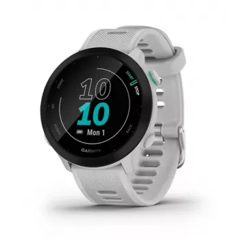 Smartwatch GARMIN Forerunner 55 — 42 mm okrúhle športové hodinky, GPS/GLONASS/Galileo, 14 dní batéria, 5 ATM, biely silikónový remienok