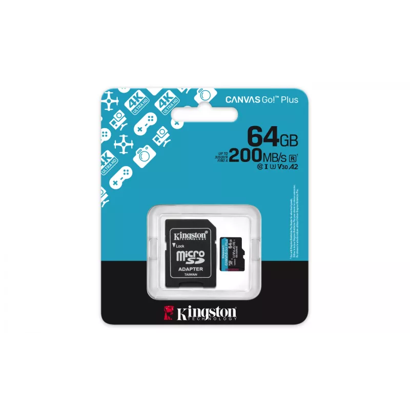 Kingston Technology 64GB microSDXC Canvas Go Plus Gen4 200MB/s A2 U3 V30 karta + adaptér
