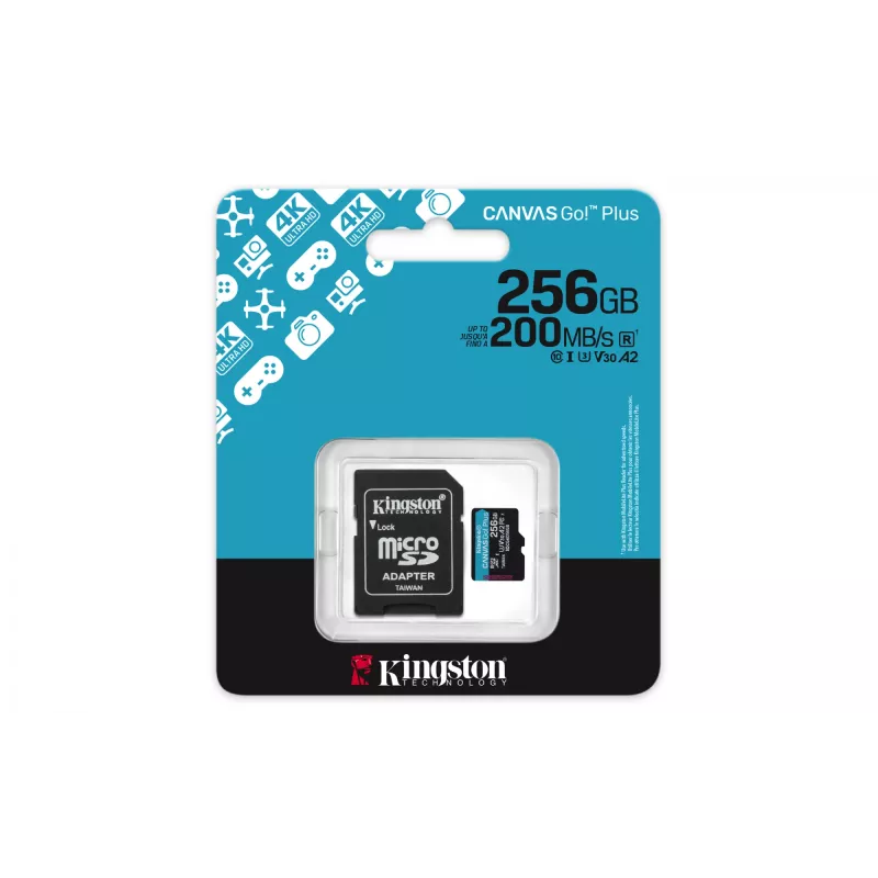 Kingston Technology 256GB microSDXC Canvas Go Plus Gen4 200MB/s A2 U3 V30 karta + adaptér
