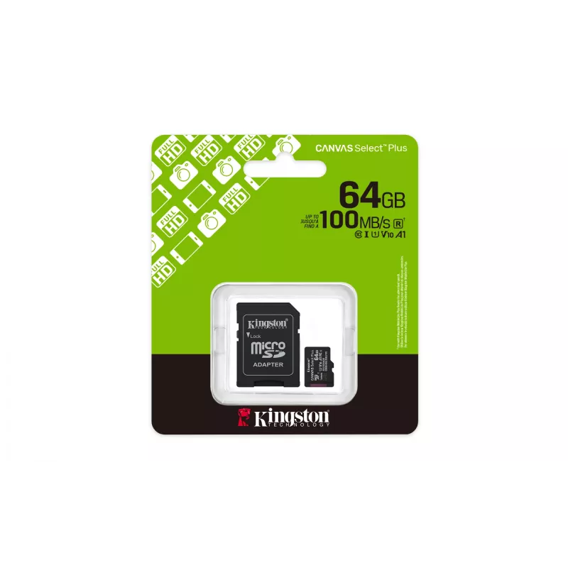 Kingston Technology 64GB microSDXC Canvas Select Plus Gen3 100MB/s A1 karta + adaptér