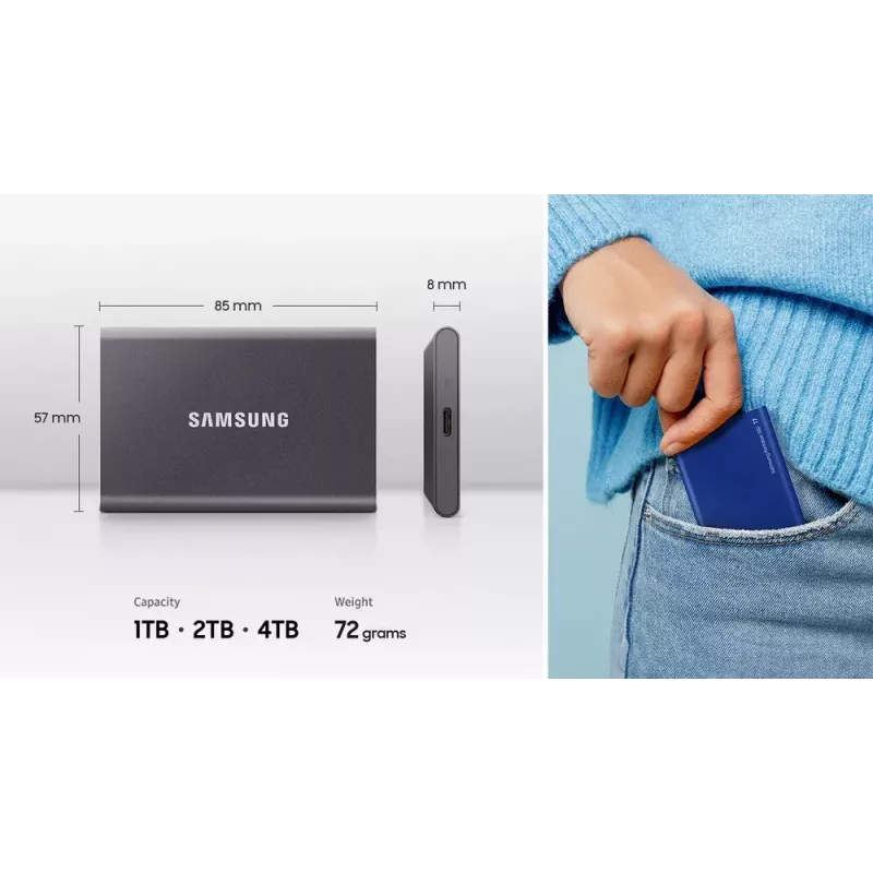 Externý SSD Samsung T7 Portable 1 TB, USB-C 3.2 Gen 2, NVMe, AES-256 hardvérové šifrovanie, modrá