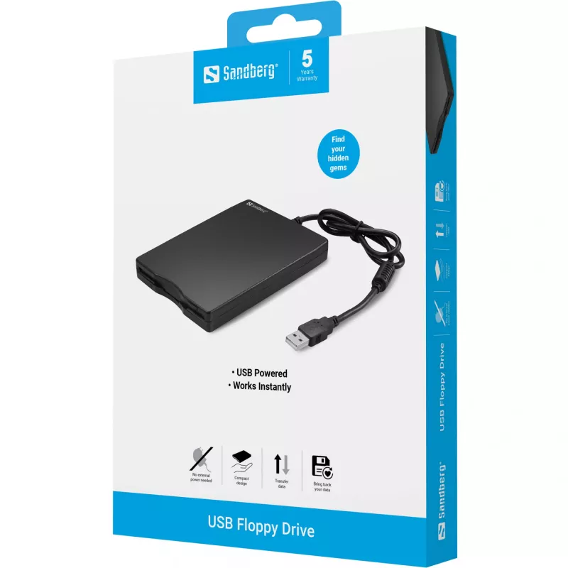 Sandberg USB disketová mechanika, externá disketová mechanika, USB 2.0, 360 ot/min, 102 mm, 140 mm, 17 mm