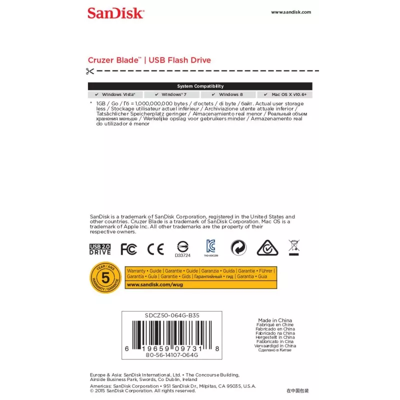 USB flash disk SanDisk 64 GB USB Type-A 2.0 Cruzer Blade