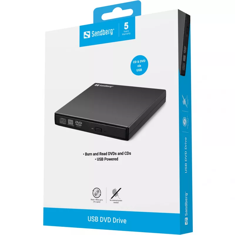 Sandberg USB DVD mechanika, čierna, desktop/notebook, DVD Super Multi, USB 2.0, CD-R, CD-ROM, CD-RW, DVD-R, DVD-ROM, DVD-RW, 24x