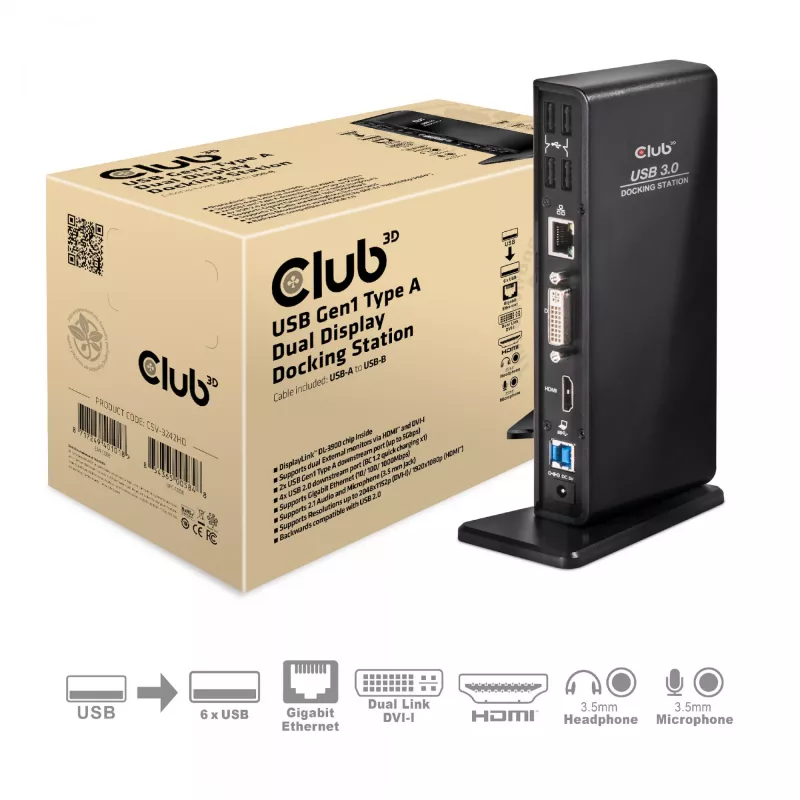 CLUB3D USB Gen1 Type A Dual Display (HDMI a DVI) DisplayLink™ dokovacia stanica