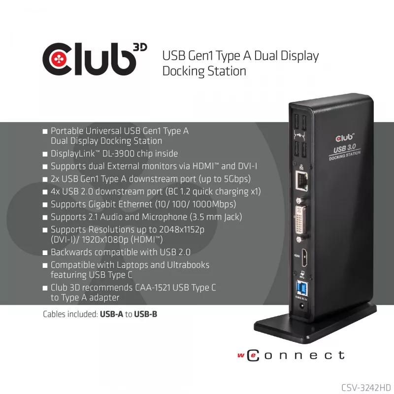 CLUB3D USB Gen1 Type A Dual Display (HDMI a DVI) DisplayLink™ dokovacia stanica