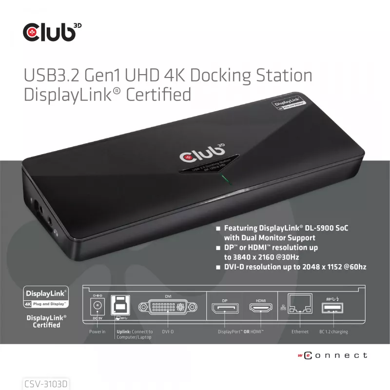 CLUB3D CSV-3103D The Club 3D univerzálna USB 3.1 Gen 1 UHD 4K dokovacia stanica DisplayLink™