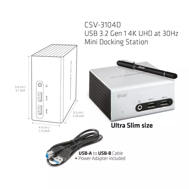 CLUB3D USB 3.2 Gen 1 4K UHD pri 30Hz Mini dokovacia stanica ultra-slim dizajn