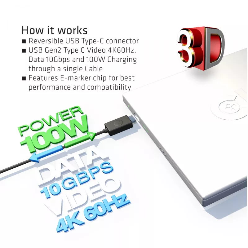 CLUB3D USB Gen2 Type-C video 4K60Hz, dáta 10Gbit/s a 100W nabíjanie 1 meter M/F