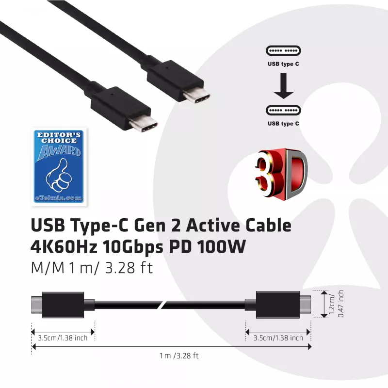 CLUB3D USB Gen2 Type-C video 4K60Hz, dáta 10Gbit/s a 100W nabíjanie 1 meter M/F
