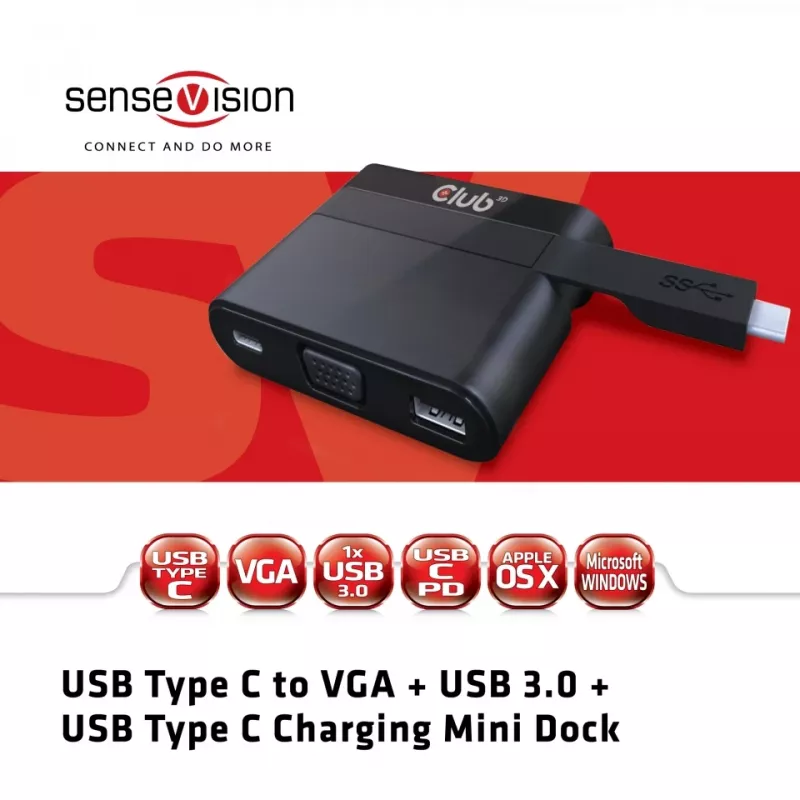 CLUB3D USB Type-C na VGA + USB 3.0 + USB Type-C nabíjanie Mini dock