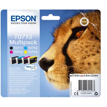 Epson multipack 4 farby T0715 DURABrite Ultra atrament, štandardná výdrž, čierna, azúrová, purpurová, žltá, 7,4 ml, 5,5 ml, 1 ks, multipack