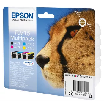 Epson multipack 4 farby T0715 DURABrite Ultra atrament, štandardná výdrž, čierna, azúrová, purpurová, žltá, 7,4 ml, 5,5 ml, 1 ks, multipack