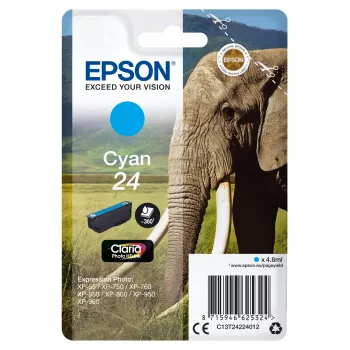 Epson Elephant samostatné balenie azúrová 24 Claria Photo HD atrament, štandardná výdrž, azúrová, farbivo, 4,6 ml, 1 ks, 360 strán