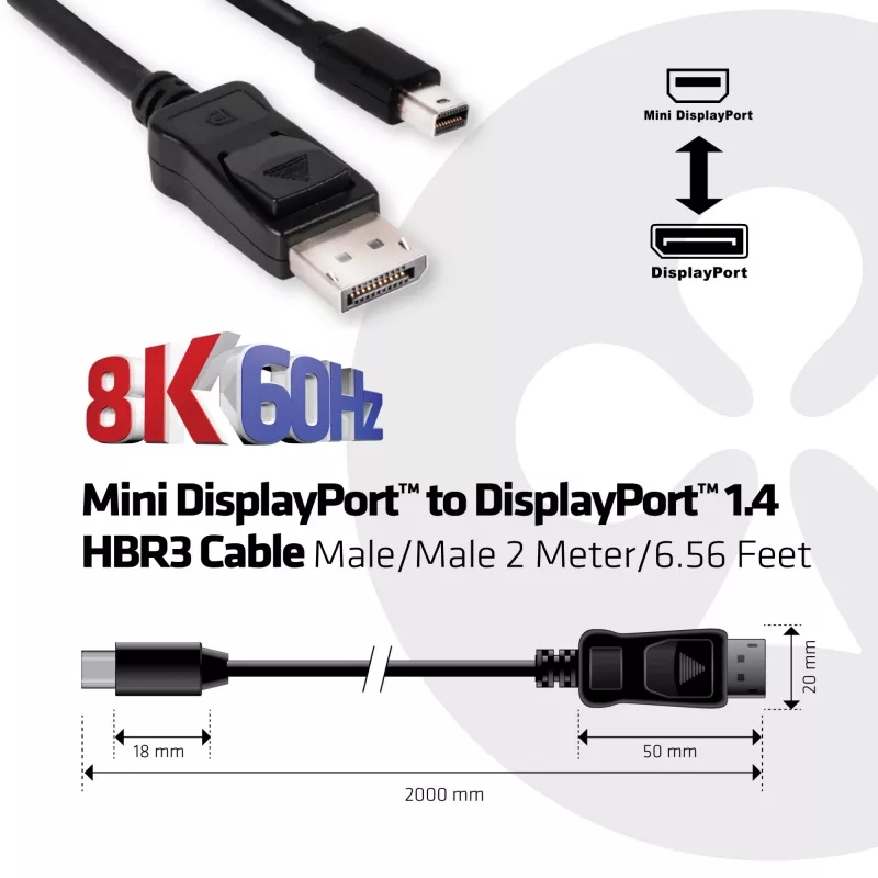 Club 3D CAC-1115 kábel z Mini DisplayPort 1.4 na DisplayPort 1.4, HBR3, 8K60Hz, 2 m, čierny