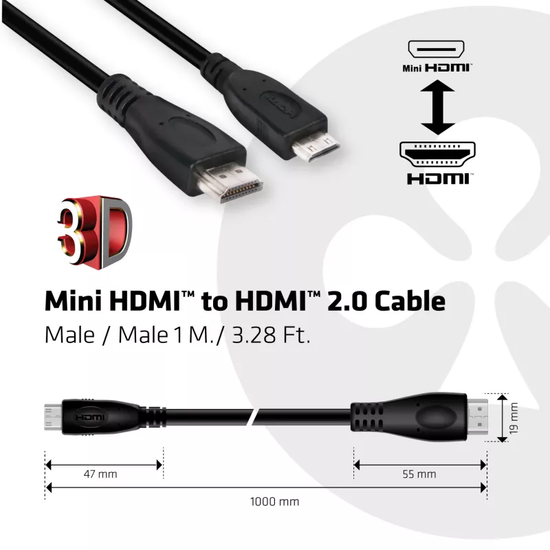 Club 3D CAC-1350 kábel z Mini HDMI na HDMI 2.0, 4K60Hz, samec/samec, 1 m, čierny