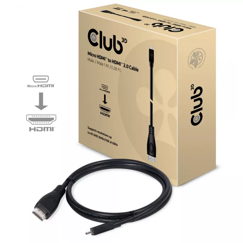 Club 3D CAC-1351 kábel z Micro HDMI na HDMI 2.0, 4K60Hz, samec/samec, 1 m, čierny