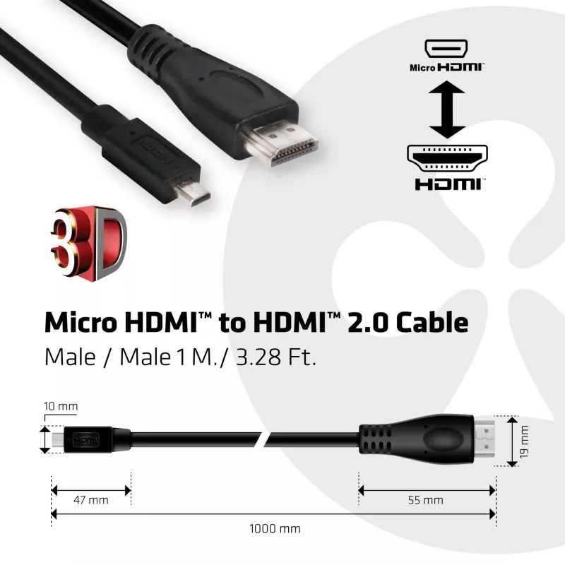 Club 3D CAC-1351 kábel z Micro HDMI na HDMI 2.0, 4K60Hz, samec/samec, 1 m, čierny