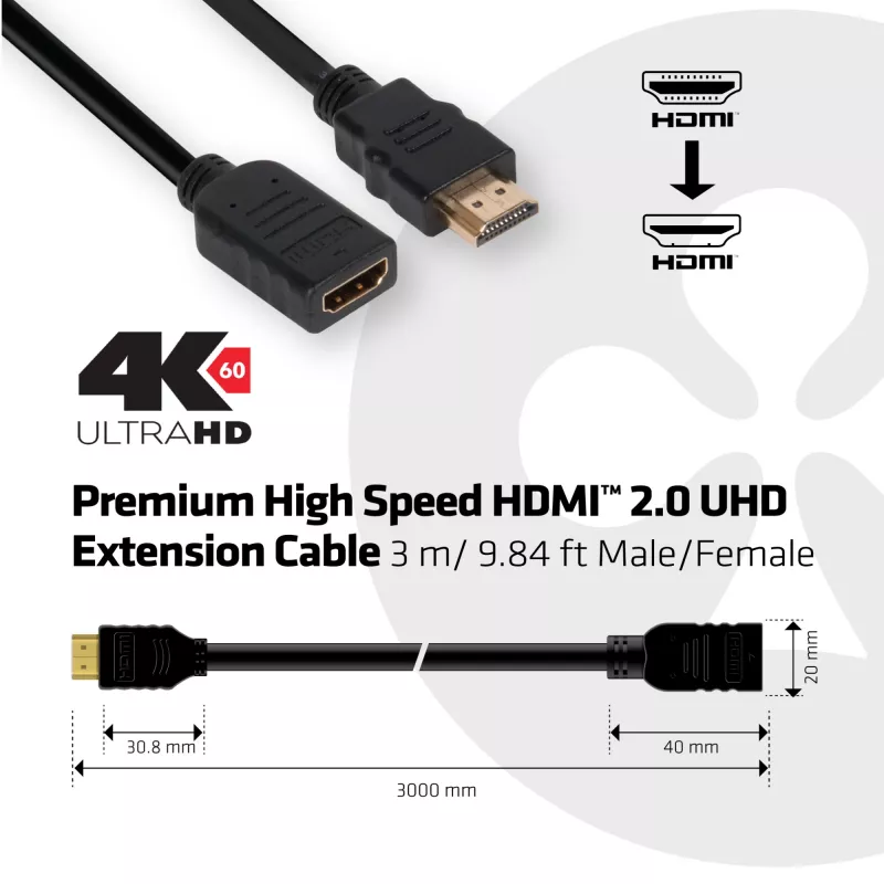 Club 3D CAC-1321 predlžovací kábel High Speed HDMI 2.0, 4K60Hz, samec/samica, 3 m, čierny