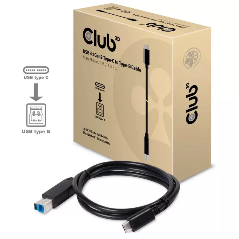 CLUB3D USB 3.1 Gen2 Type-C na Type-B kábel samec/samec, 1 m / 3.3 ft.