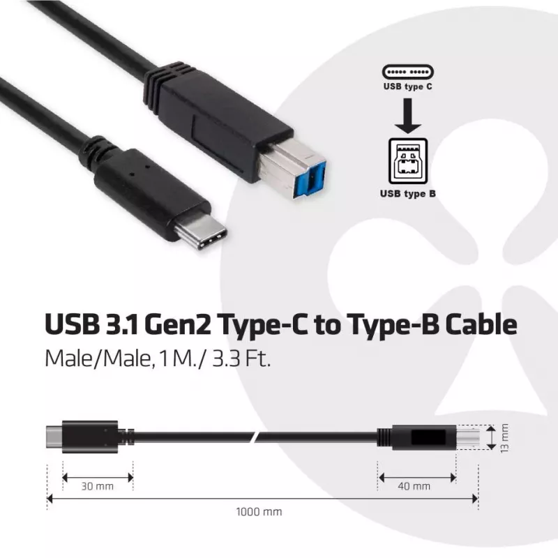 CLUB3D USB 3.1 Gen2 Type-C na Type-B kábel samec/samec, 1 m / 3.3 ft.