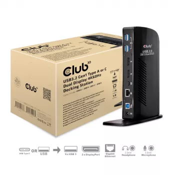 CLUB3D USB3.2 Gen1 Type A alebo C Dual Display 4K60Hz dokovacia stanica DisplayLink® certifikovaná