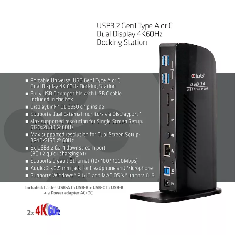 CLUB3D USB3.2 Gen1 typ A alebo C Dual Display 4K60Hz dokovacia stanica DisplayLink® certifikovaná