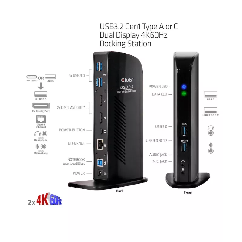 CLUB3D USB3.2 Gen1 typ A alebo C Dual Display 4K60Hz dokovacia stanica DisplayLink® certifikovaná