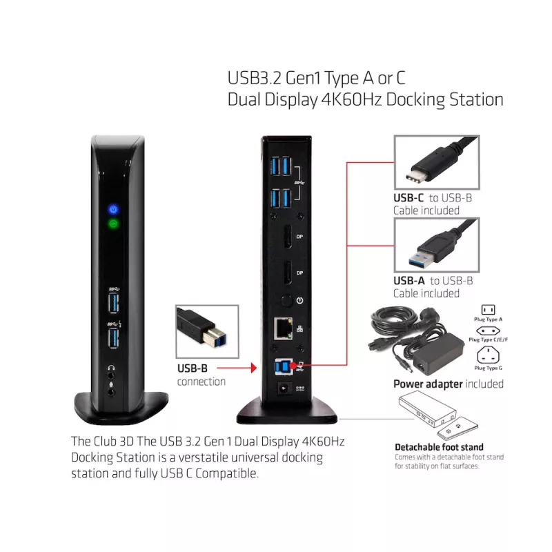 CLUB3D USB3.2 Gen1 typ A alebo C Dual Display 4K60Hz dokovacia stanica DisplayLink® certifikovaná