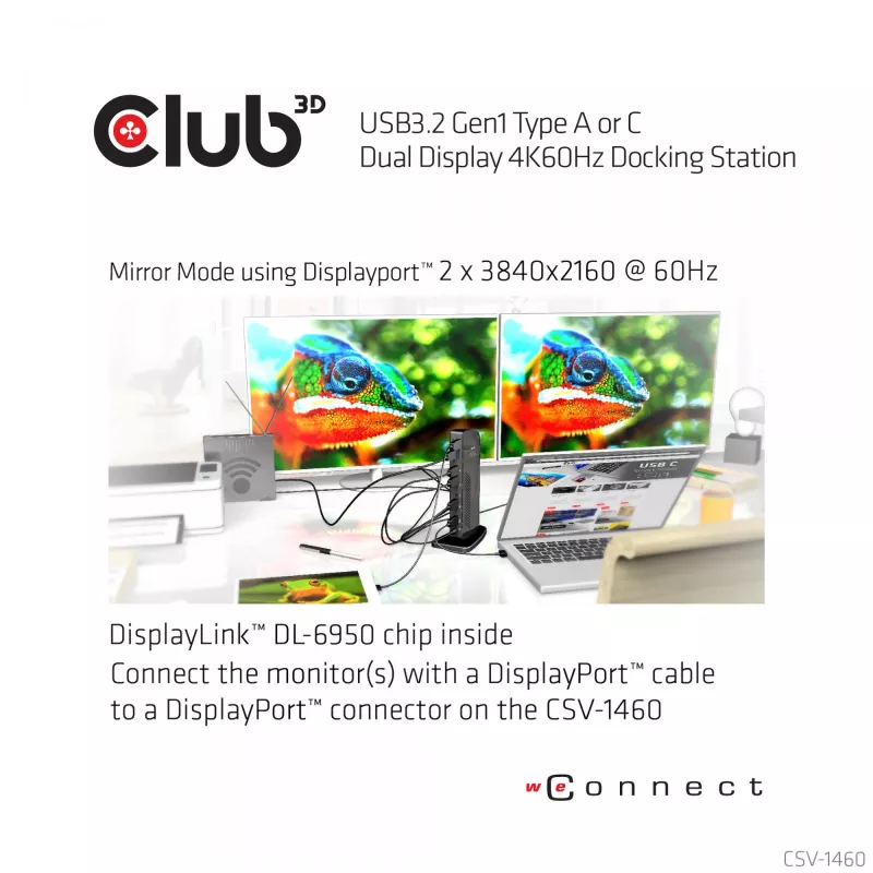 CLUB3D USB3.2 Gen1 typ A alebo C Dual Display 4K60Hz dokovacia stanica DisplayLink® certifikovaná