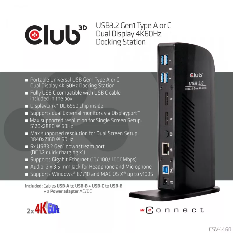 CLUB3D USB3.2 Gen1 typ A alebo C Dual Display 4K60Hz dokovacia stanica DisplayLink® certifikovaná