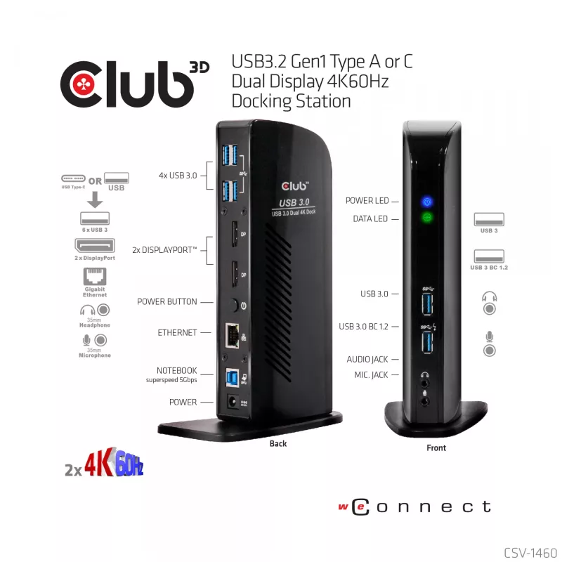 CLUB3D USB3.2 Gen1 typ A alebo C Dual Display 4K60Hz dokovacia stanica DisplayLink® certifikovaná