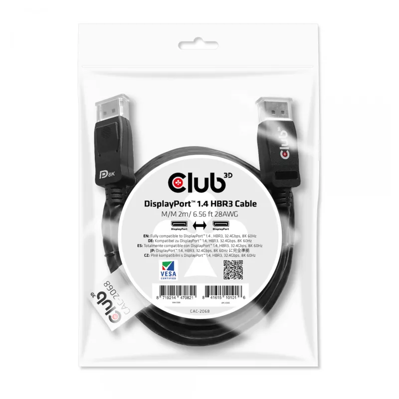 Club 3D CAC-2068 kábel DisplayPort 1.4, HBR3, 32,4 Gbps, 8K60Hz, M/M, 2 m, čierny