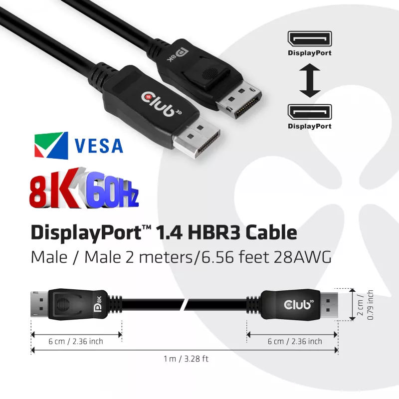Club 3D CAC-2068 kábel DisplayPort 1.4, HBR3, 32,4 Gbps, 8K60Hz, M/M, 2 m, čierny