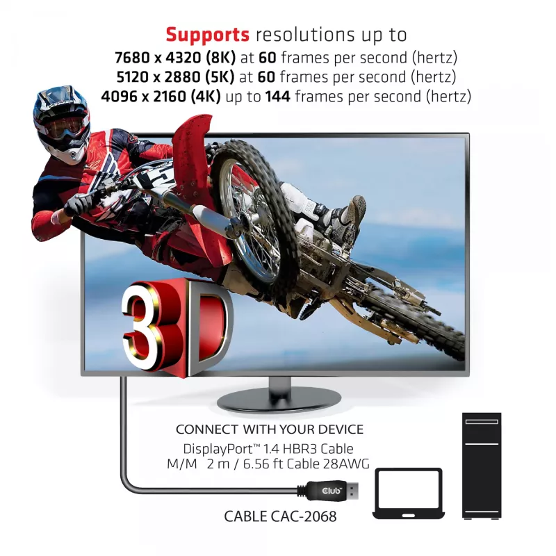 Club 3D CAC-2068 kábel DisplayPort 1.4, HBR3, 32,4 Gbps, 8K60Hz, M/M, 2 m, čierny