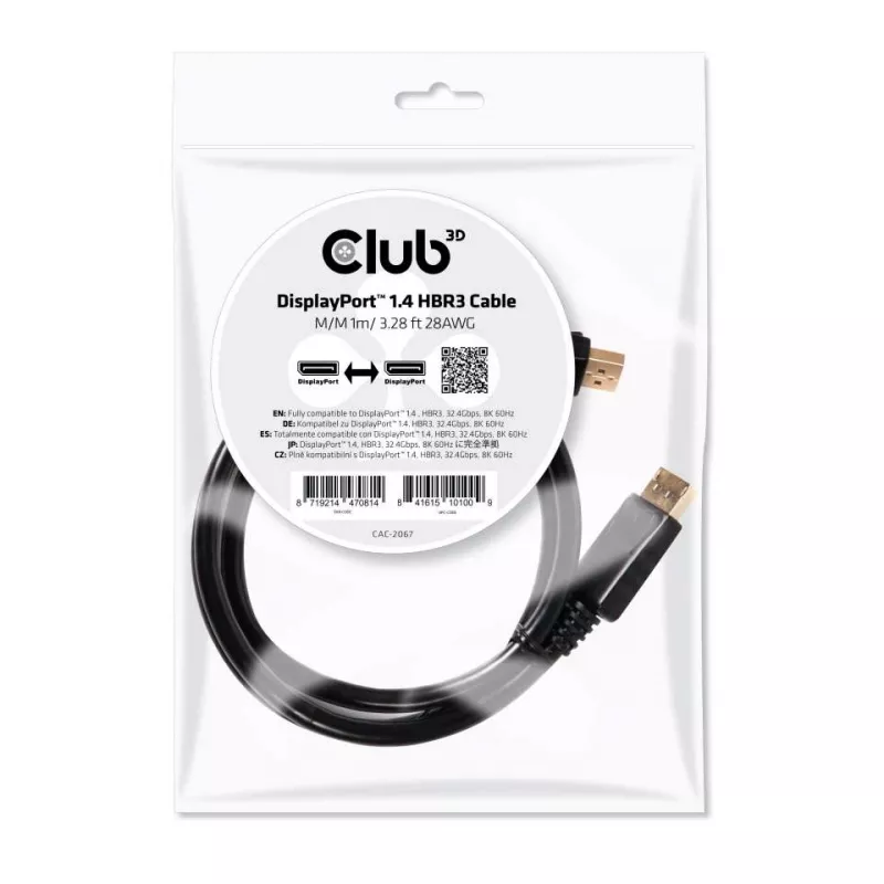 CLUB3D DisplayPort 1.4 HBR3 kábel 1m/3,28ft samec/samec 8K60Hz