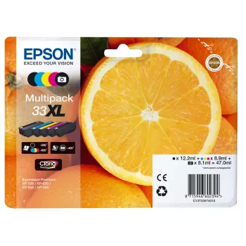 Epson Oranges Multipack 5 farieb 33XL Claria Premium atrament, vysoký (XL) výkon, čierna, fotočierna, azúrová, purpurová, žltá, pigmentový atrament, farbivový atrament, 12.2 ml, 8.9 ml