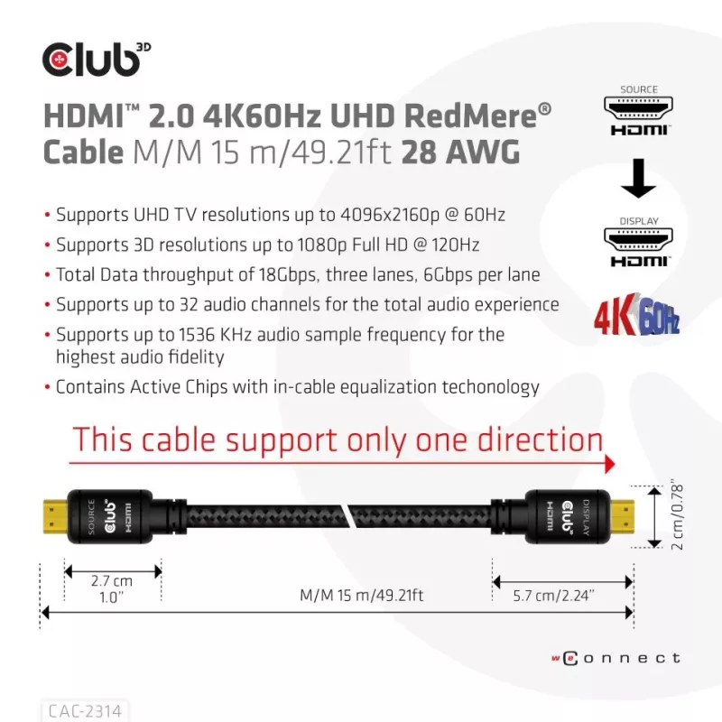 CLUB3D HDMI 2.0 4K60Hz RedMere kábel 15m/49,2ft