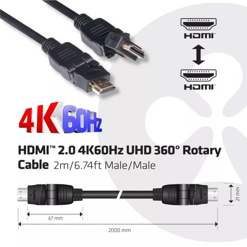 Club 3D CAC-1360 kábel HDMI 2.0 s Ethernetom, otočný o 360°, 4K60Hz UHD, M/M, 2 m, čierny
